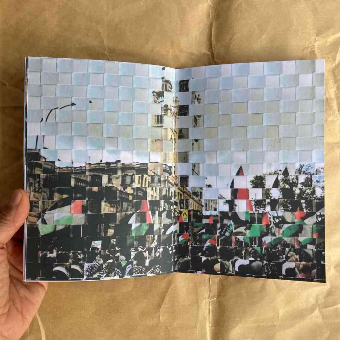 Photo weaving pages from Michiyo Miyake’s poetry and visual zine Resonating Cities: Gaza, Tokyo, Sydney