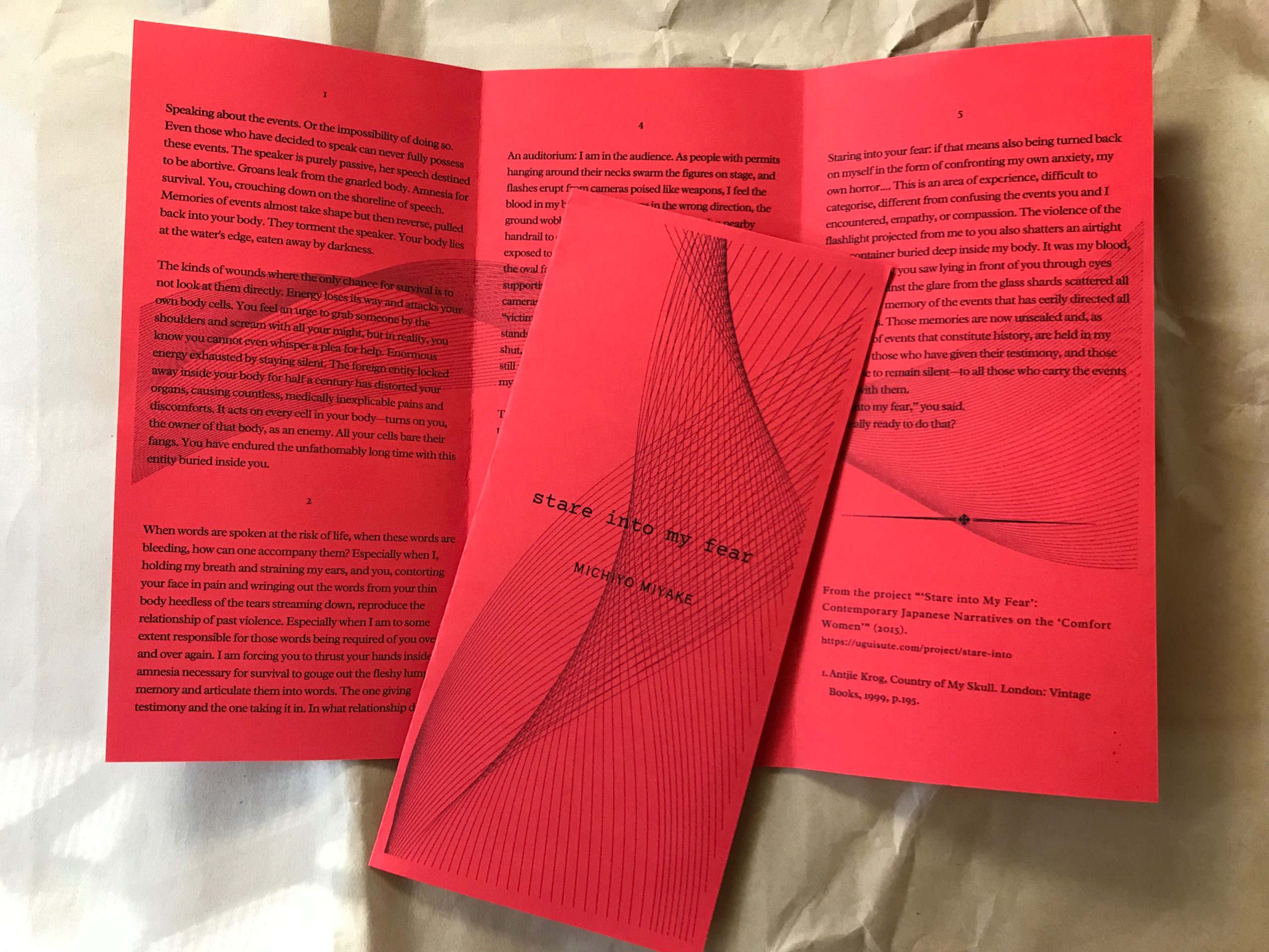 Folded interior pages of Michiyo Miyake’s poetry zine Stare into My Fear
