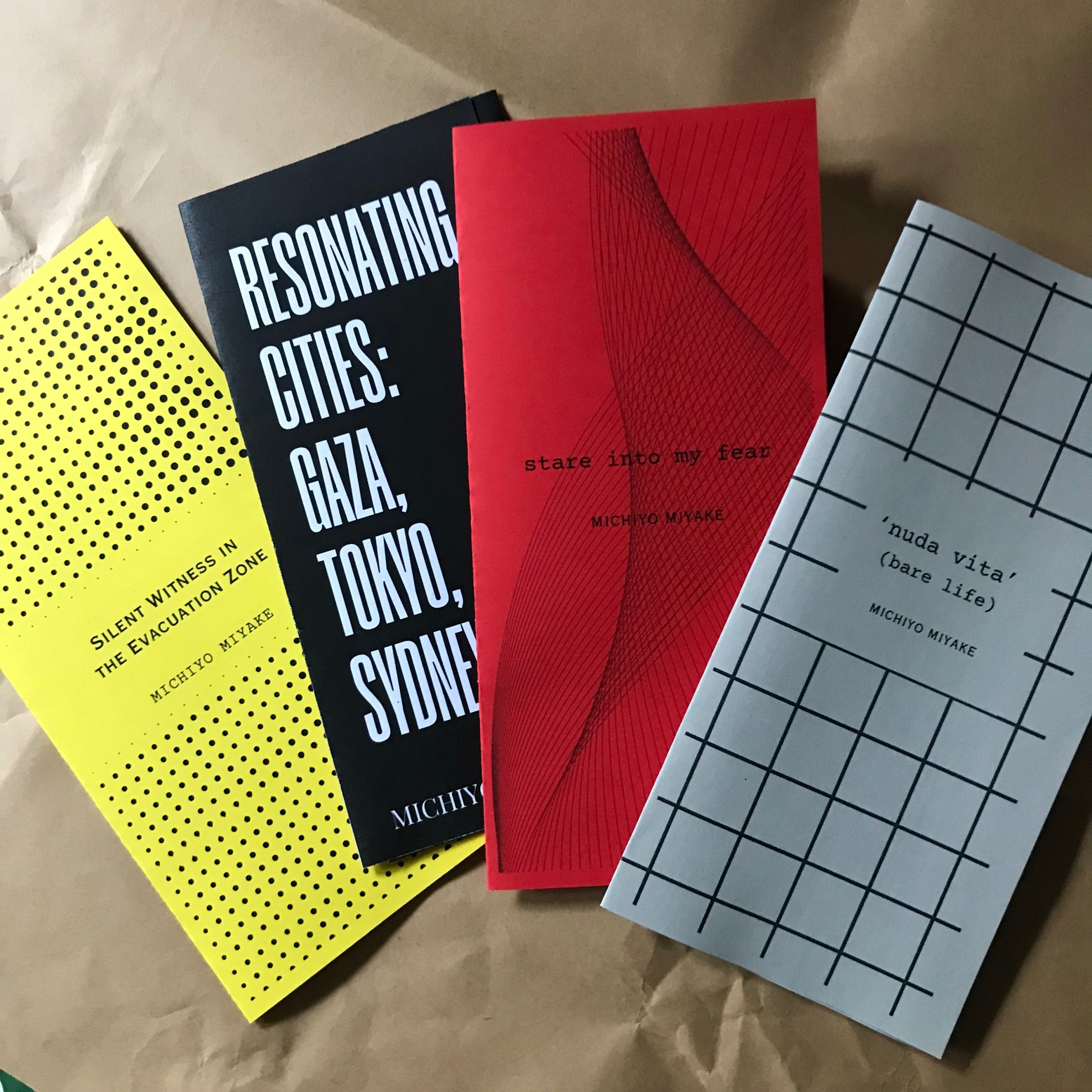 Front covers of four brochure-style poetry works by Michiyo Miyake
