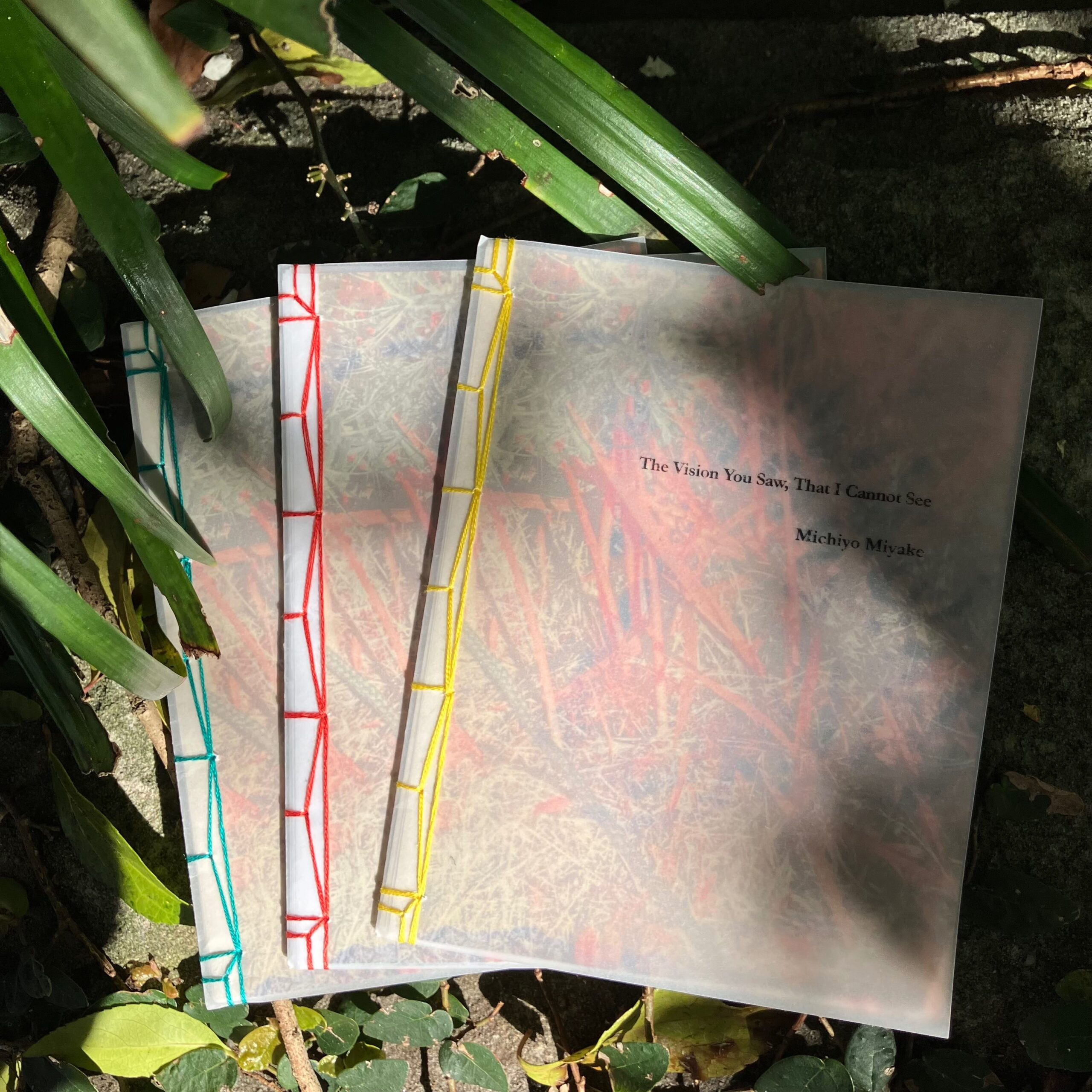 Three copies of Michiyo Miyake’s stab-bound zine The Vision You Saw, That I Cannot See placed in a softly lit natural setting