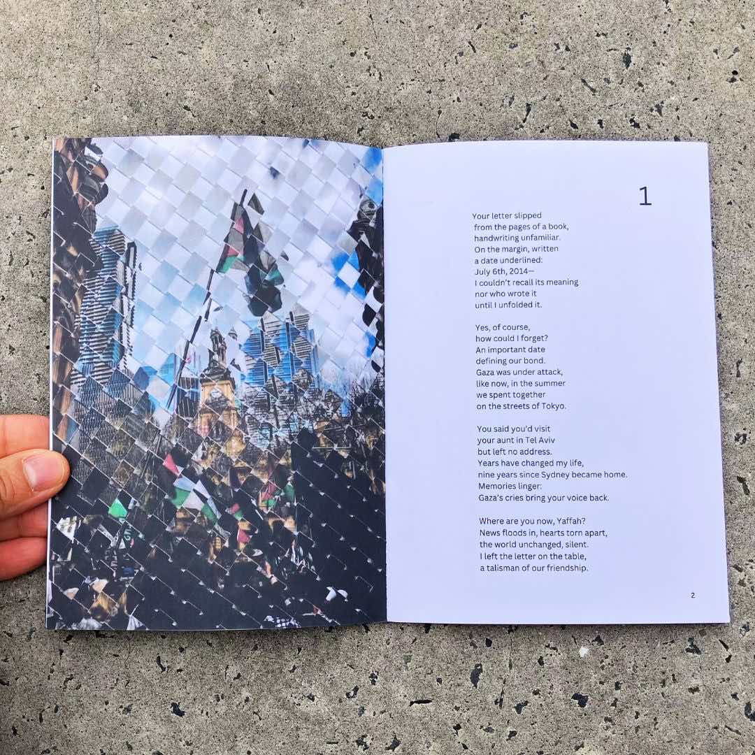 Poetry and photo weaving pages from Michiyo Miyake’s poetry and visual zine Resonating Cities: Gaza, Tokyo, Sydney