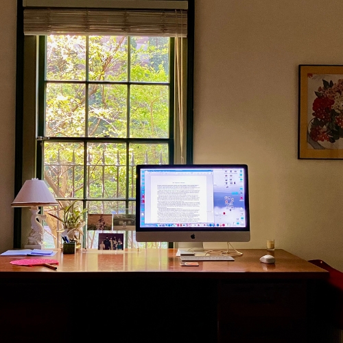 Michiyo Miyake’s quiet office space at Don Bank Museum in 2025, featuring a desk and computer